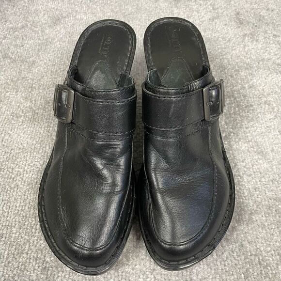 BOC Born Women’s 8 Black Leather Slip On Heeled Clogs Mules Buckle - Picture 6 of 7